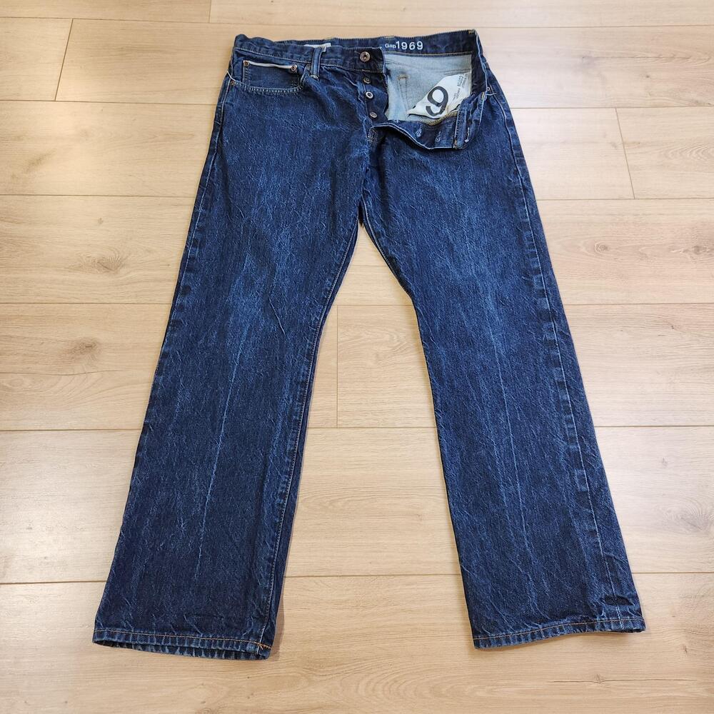 Gap 1969 Straight Selvage Raw Jeans Mens 36x30 Blue Button Fly Denim Casual